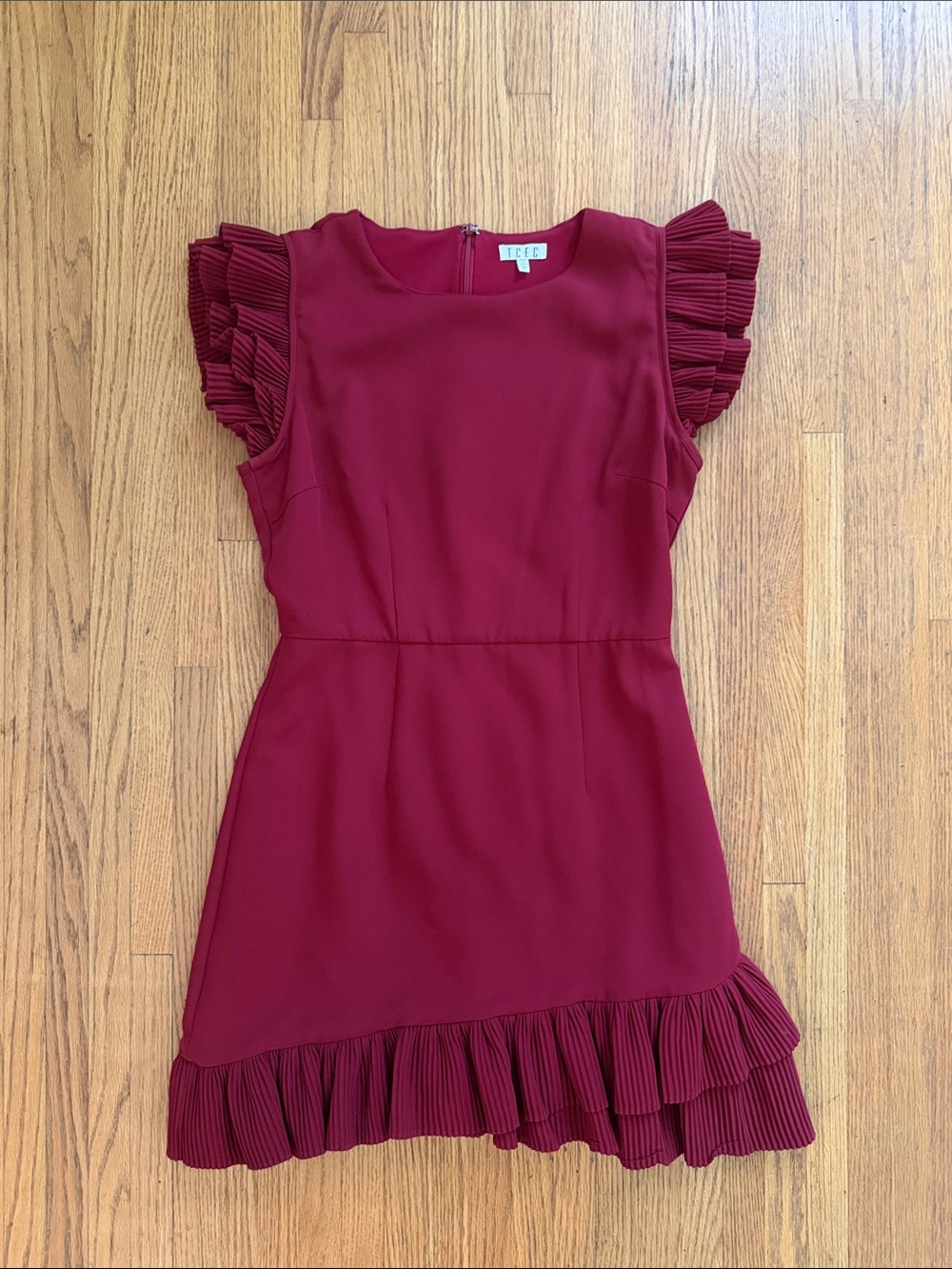 TCEC Wine Red Pleated Ruffle Sleeve Mini Dress size Med 👀 👗 ♥️